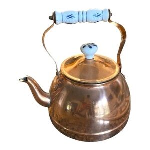 Vintage Copper Teapot with Delft Blue Porcelain Handle and Knob.